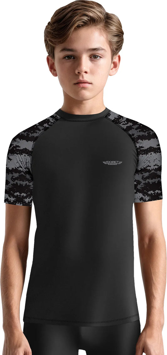Kids Black Camo BJJ Rash Guard Short Sleeve