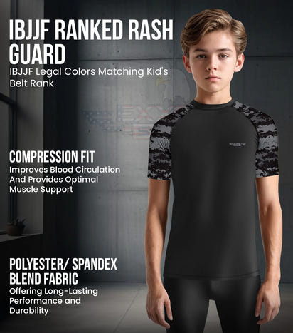 Kids Black Camo BJJ Rash Guard Short Sleeve