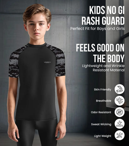 Kids Black Camo BJJ Rash Guard Short Sleeve