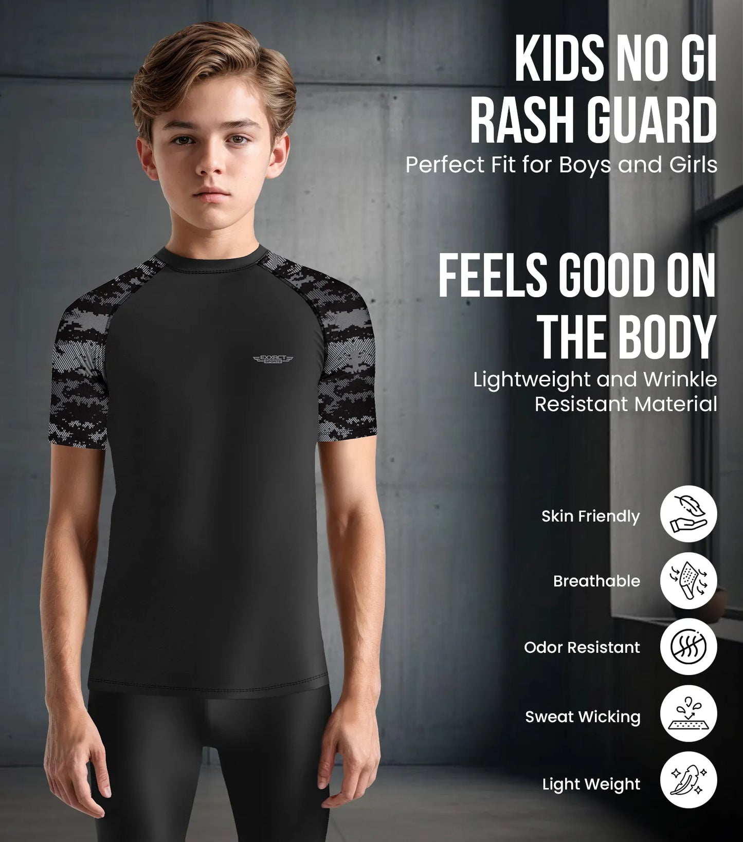 Kids Black Camo BJJ Rash Guard Short Sleeve