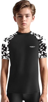 Kids Black & White Camo BJJ Rash Guard Short Sleeve