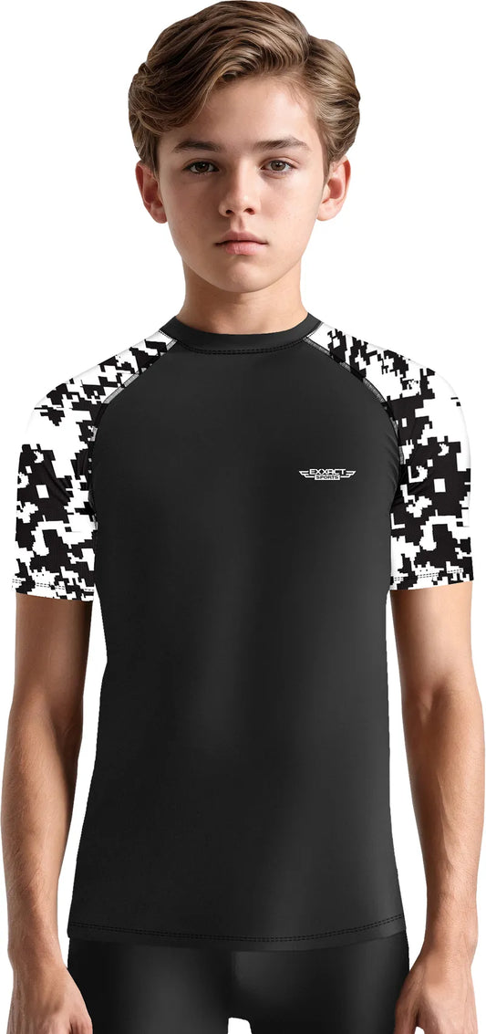 Kids Black & White Camo BJJ Rash Guard Short Sleeve