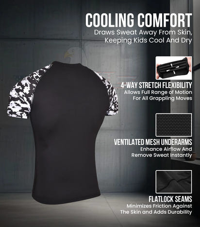Kids Black & White Camo BJJ Rash Guard Short Sleeve