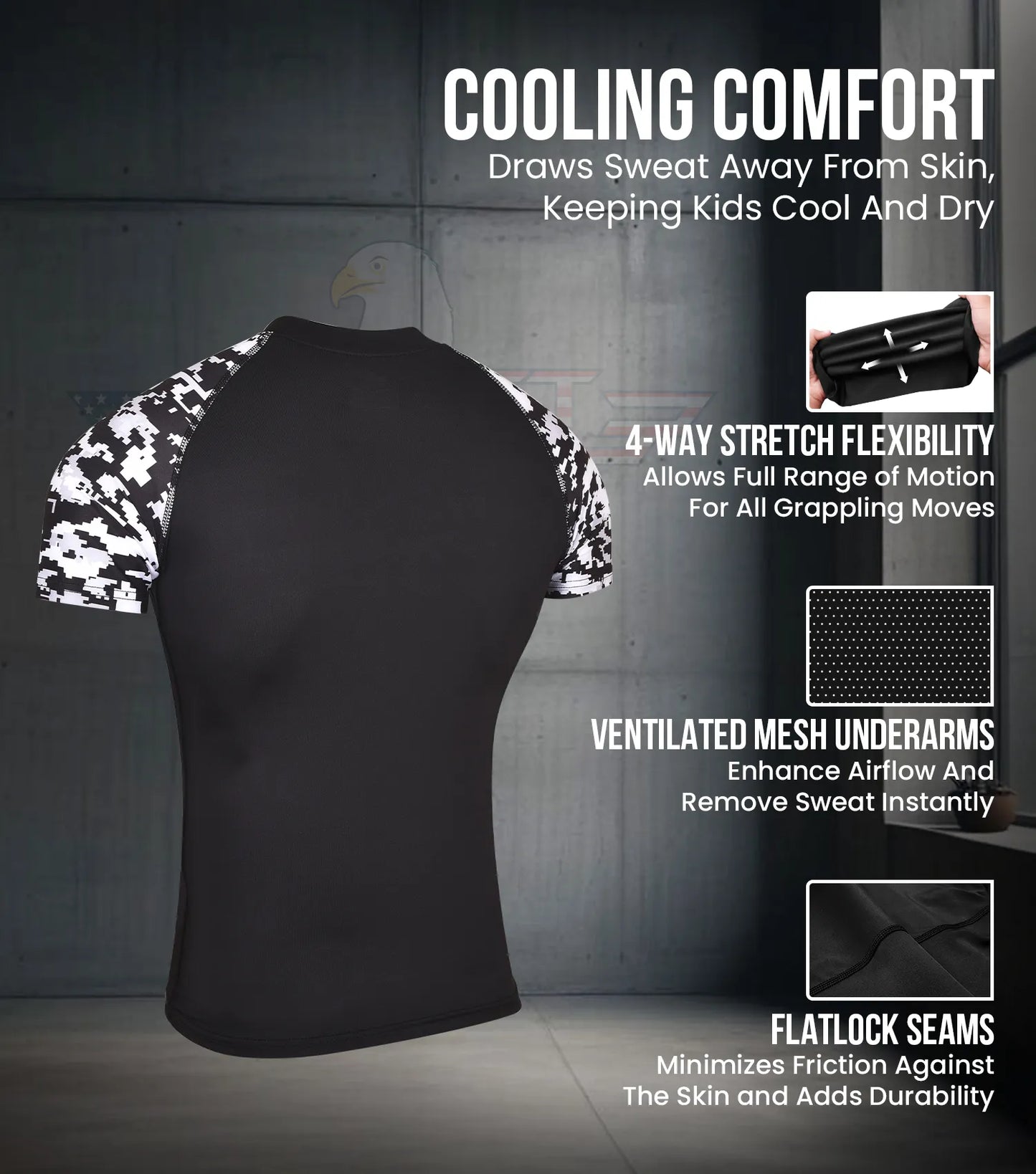 Kids Black & White Camo BJJ Rash Guard Short Sleeve