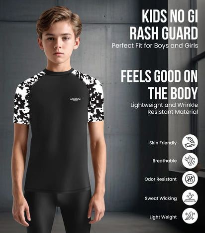 Kids Black & White Camo BJJ Rash Guard Short Sleeve