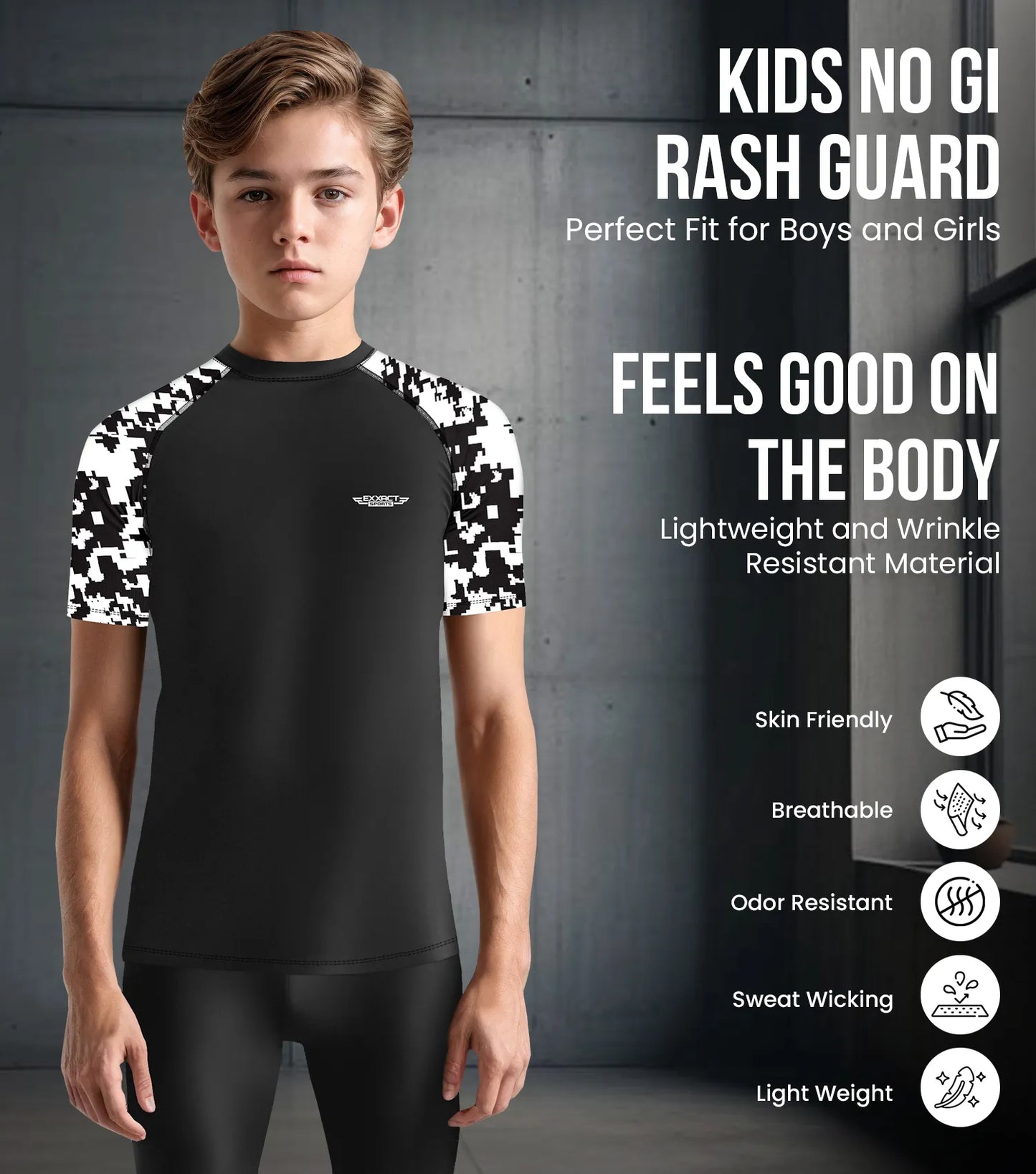Kids Black & White Camo BJJ Rash Guard Short Sleeve