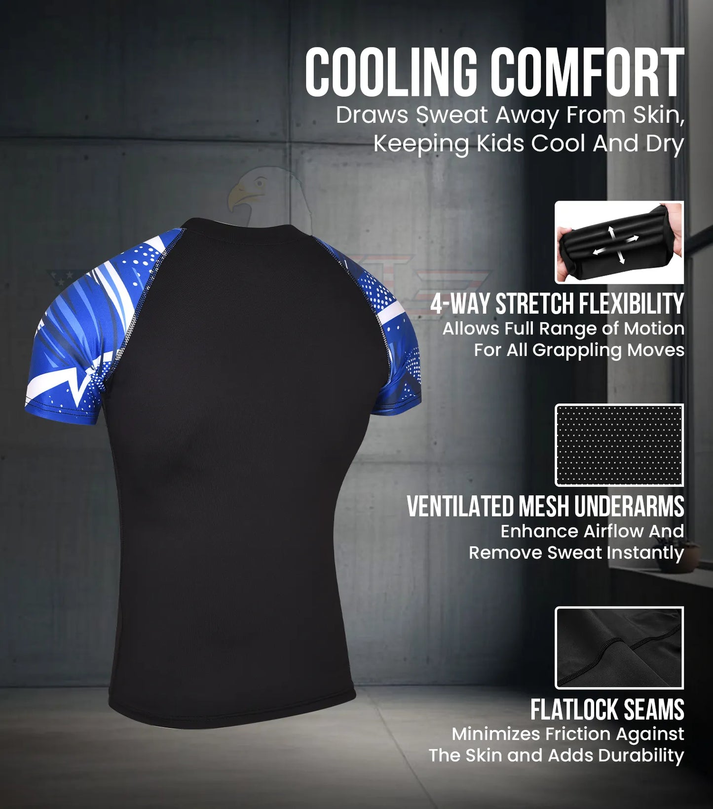 Kids Blue Texture BJJ Rash Guard Short Sleeve