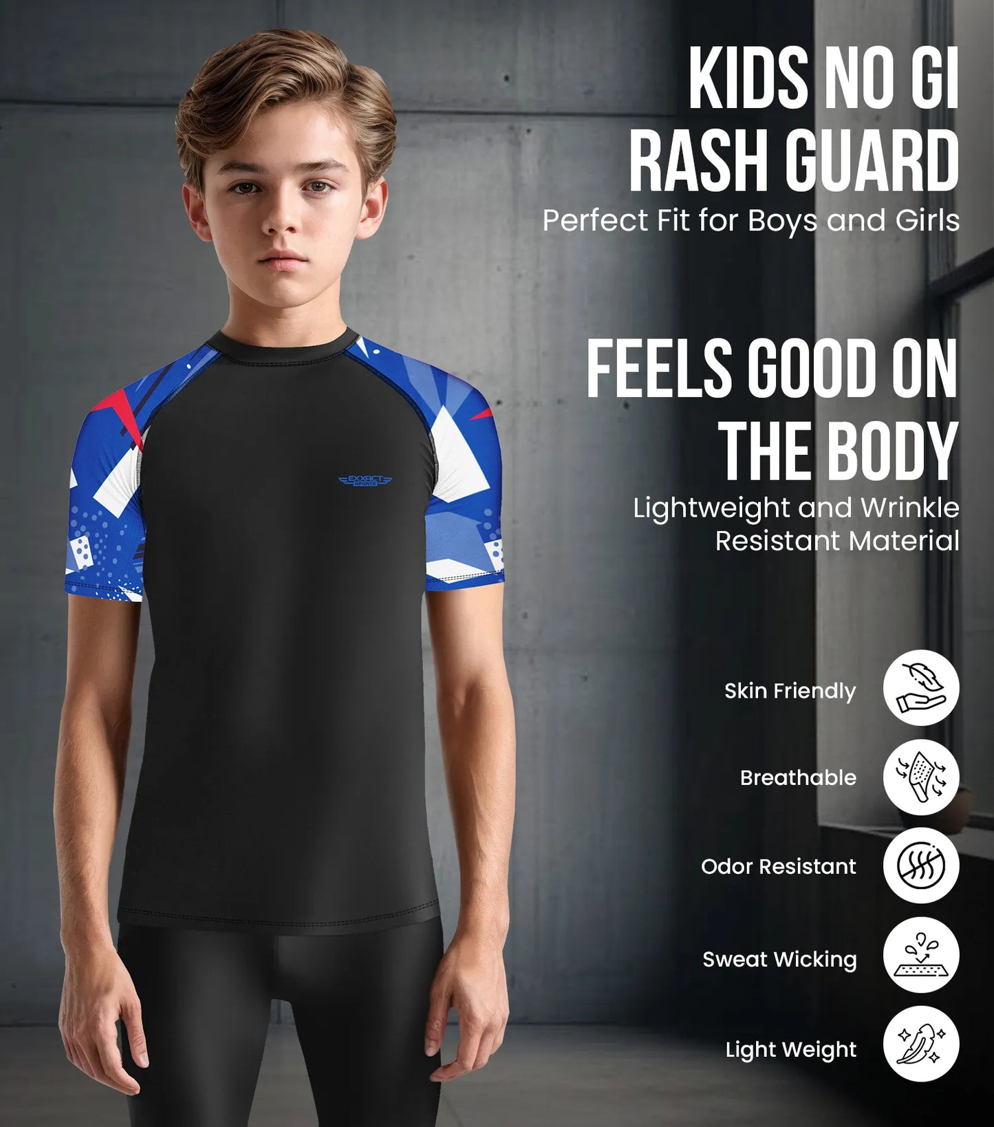 Kids Blue Texture BJJ Rash Guard Short Sleeve