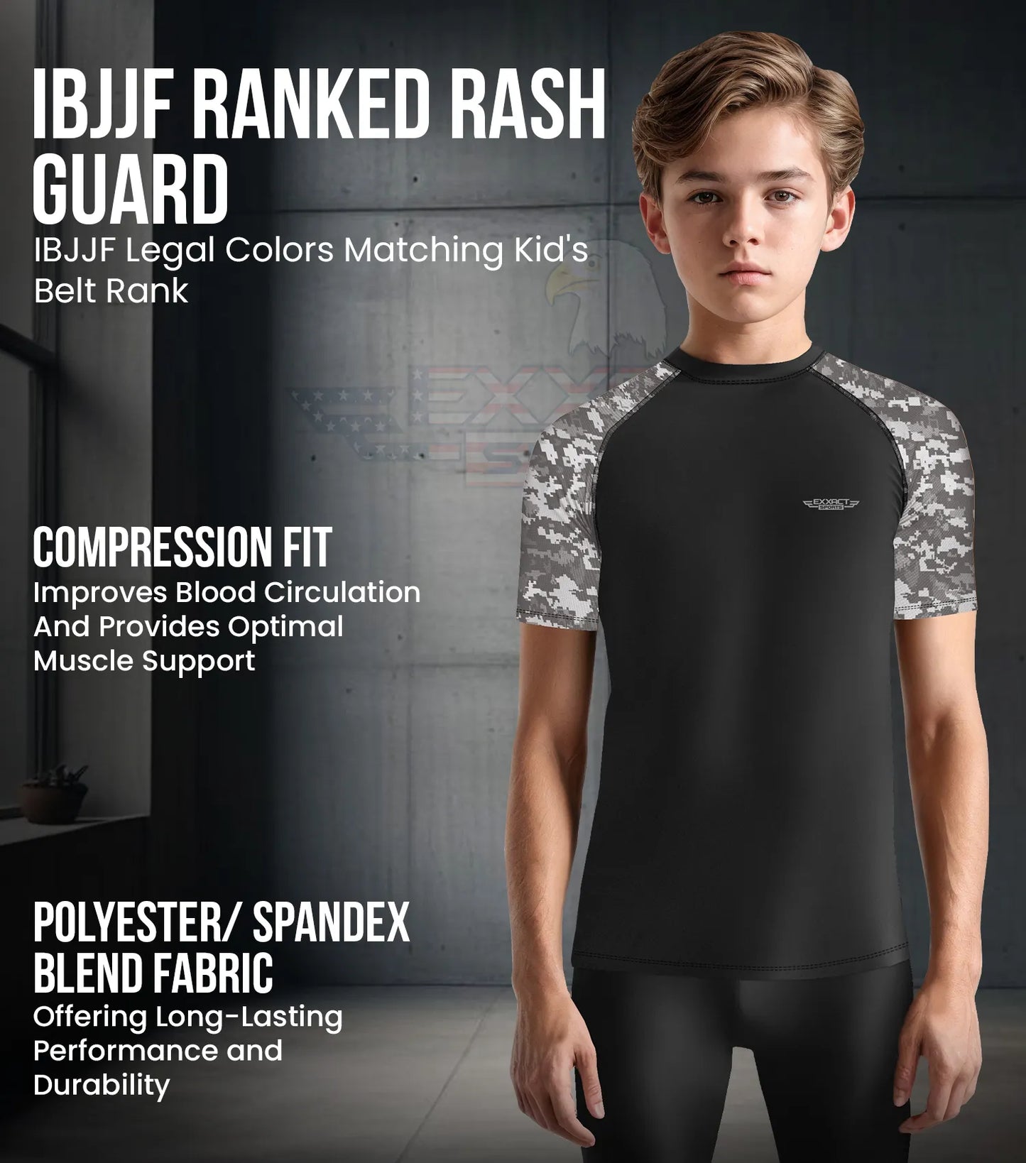 Kids Gray Camo BJJ Rash Guard Short Sleeve