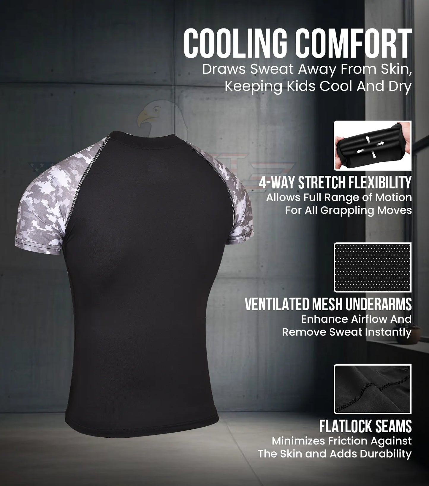 Kids Gray Camo BJJ Rash Guard Short Sleeve