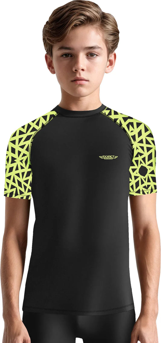 Kids Neon Green Texture BJJ Rash Guard Short Sleeve