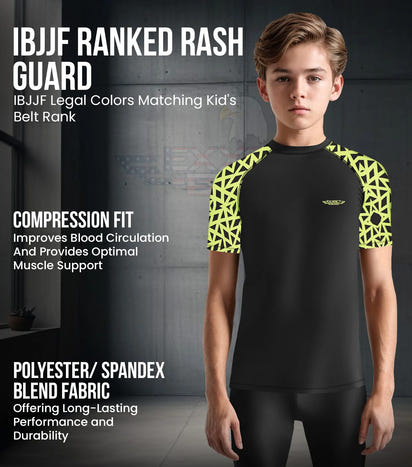 Kids Neon Green Texture BJJ Rash Guard Short Sleeve