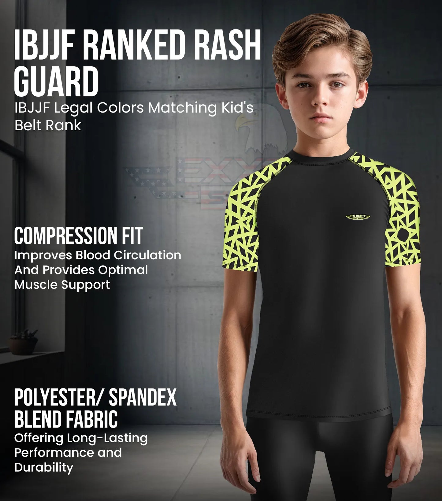 Kids Neon Green Texture BJJ Rash Guard Short Sleeve