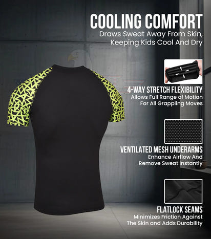 Kids Neon Green Texture BJJ Rash Guard Short Sleeve