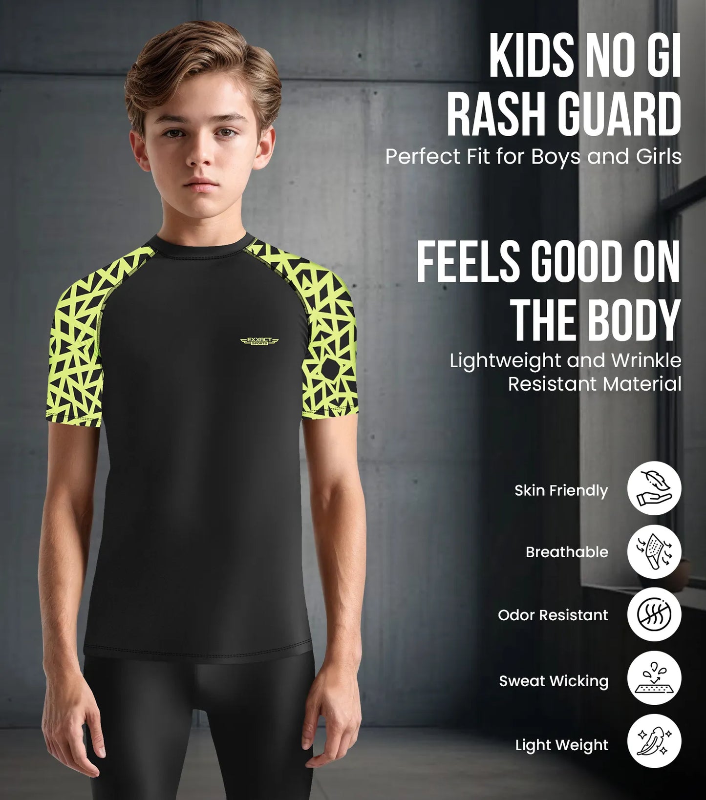 Kids Neon Green Texture BJJ Rash Guard Short Sleeve