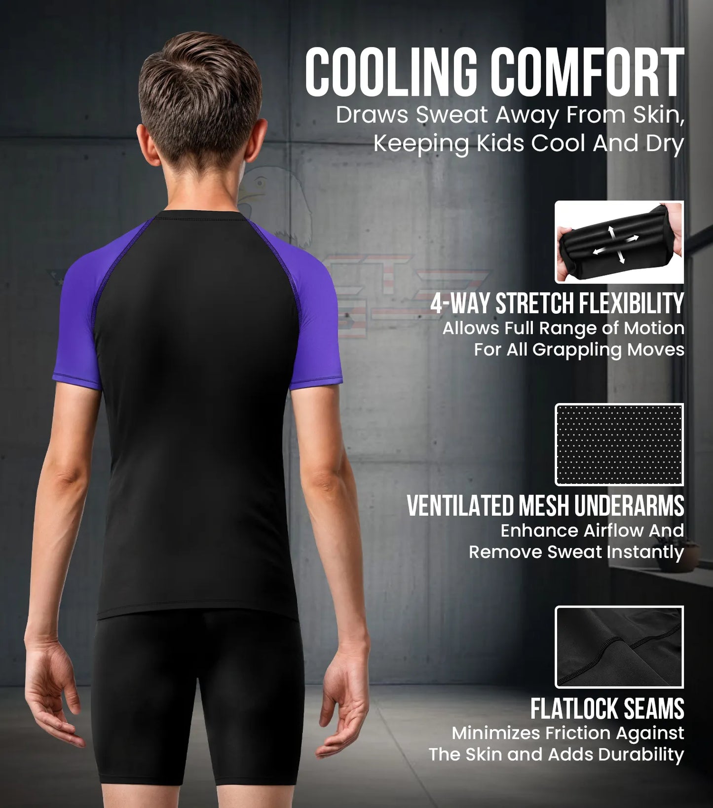 Kids Purple BJJ Rash Guard Short Sleeve