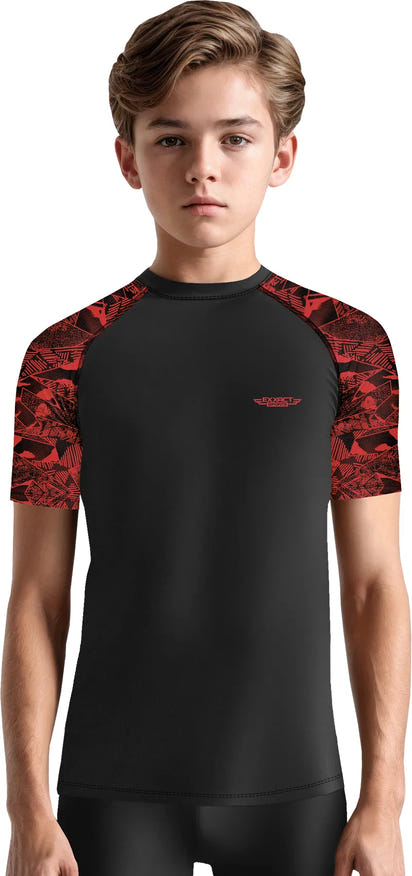 Kids Red Texture BJJ Rash Guard Short Sleeve
