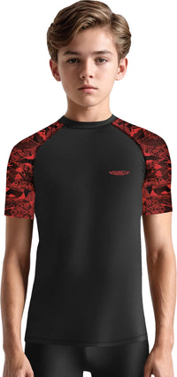 Kids Red Texture BJJ Rash Guard Short Sleeve