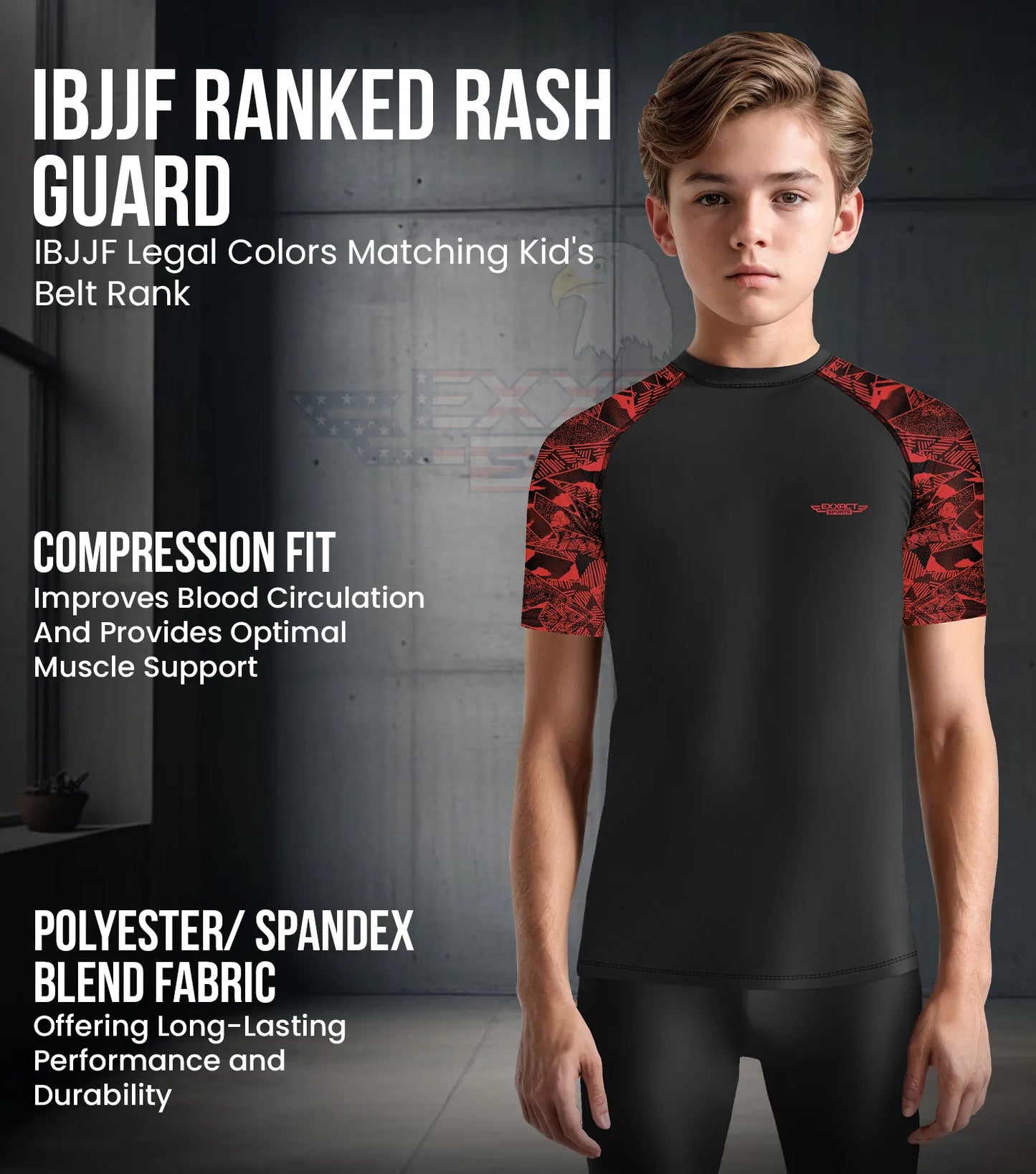 Kids Red Texture BJJ Rash Guard Short Sleeve