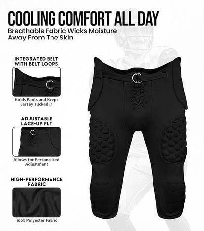 Rebel Men's Integrated Football Pants with Built-in Pads Black (Adult)