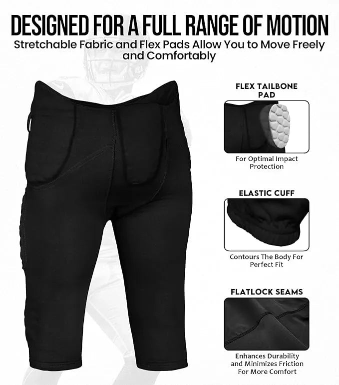 Rebel Men's Integrated Football Pants with Built-in Pads Black (Adult)