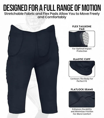 Rebel Men's Integrated Football Pants with Built-in Pads Navy (Adult)