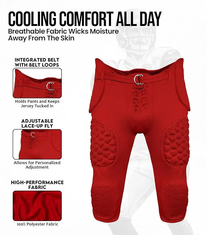 Rebel Men's Integrated Football Pants with Built-in Pads Red (Adult)