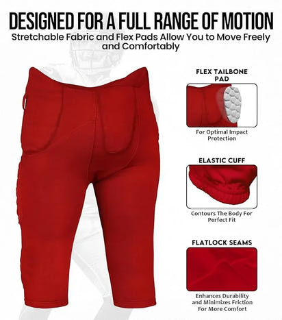 Rebel Men's Integrated Football Pants with Built-in Pads Red (Adult)