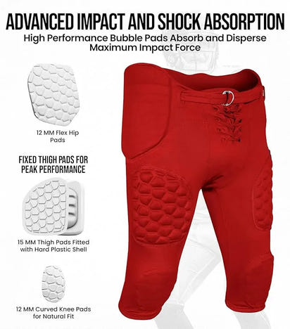 Rebel Men's Integrated Football Pants with Built-in Pads Red (Adult)
