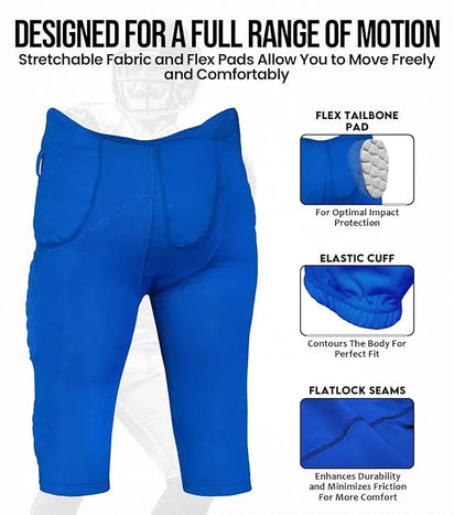 Rebel Men's Integrated Football Pants with Built-in Pads Royal Blue (Adult)