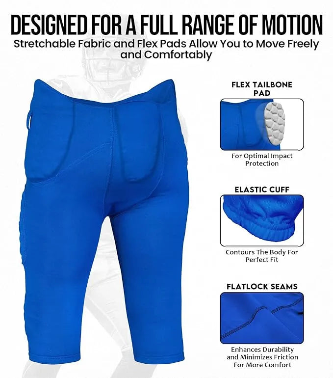 Rebel Men's Integrated Football Pants with Built-in Pads Royal Blue (Adult)