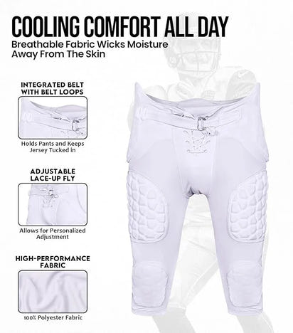 Rebel Men's Integrated Football Pants with Built-in Pads White (Adult)