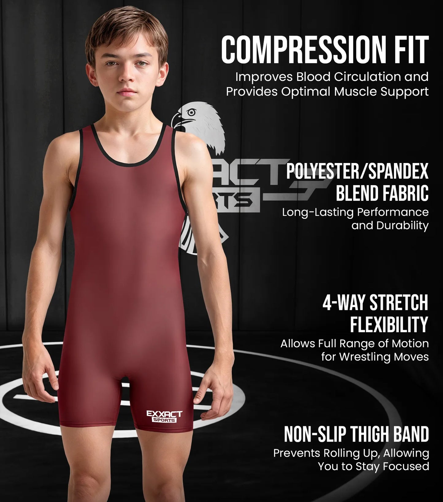 Boys Youth Plain Maroon Wrestling Singlets, Powerlifting Singlet