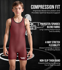 Boys Youth Plain Maroon Wrestling Singlets, Powerlifting Singlet