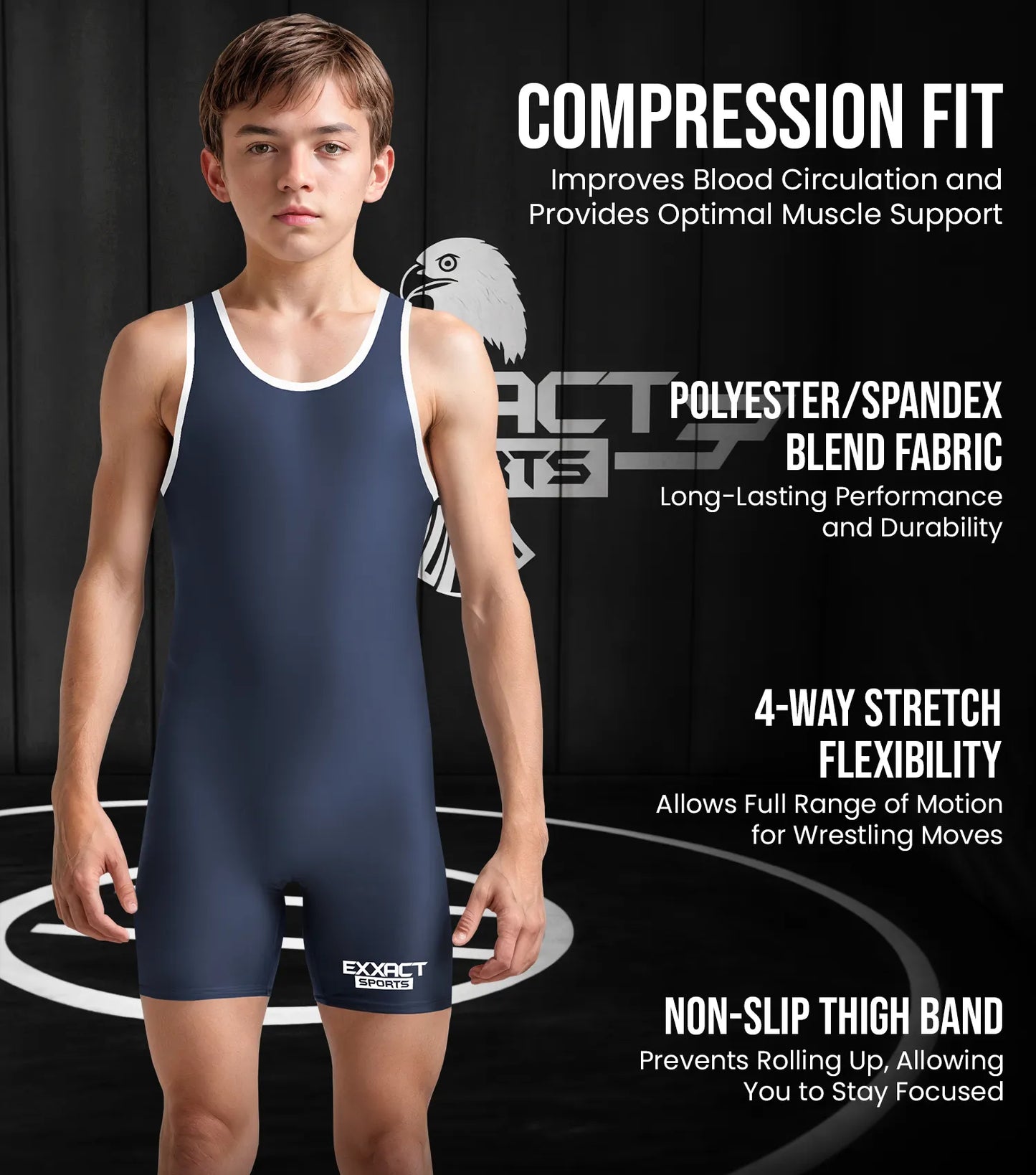 Boys Youth Plain Navy Wrestling Singlets, Powerlifting Singlet