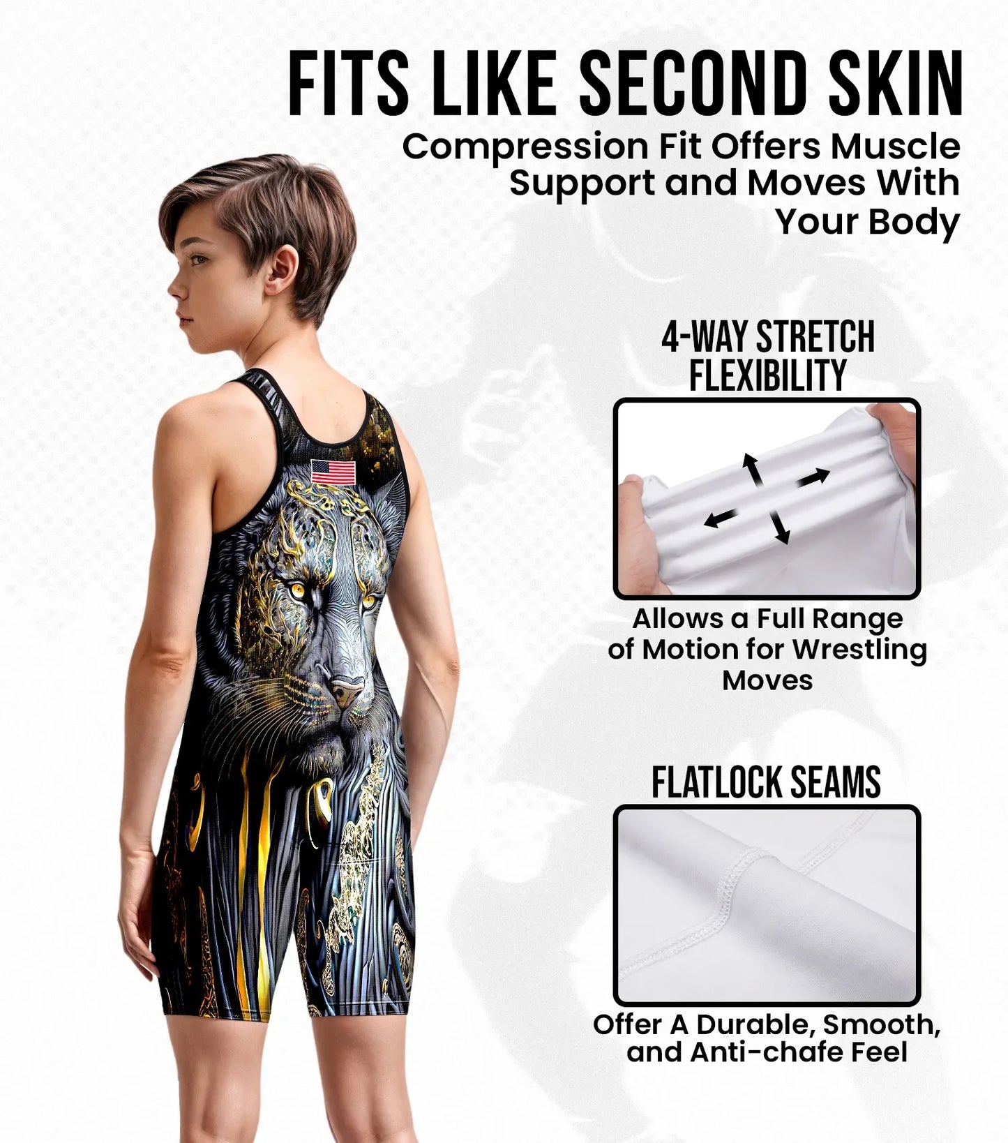 Boys Youth Sublimated Wrestling Singlets (Black Lion)