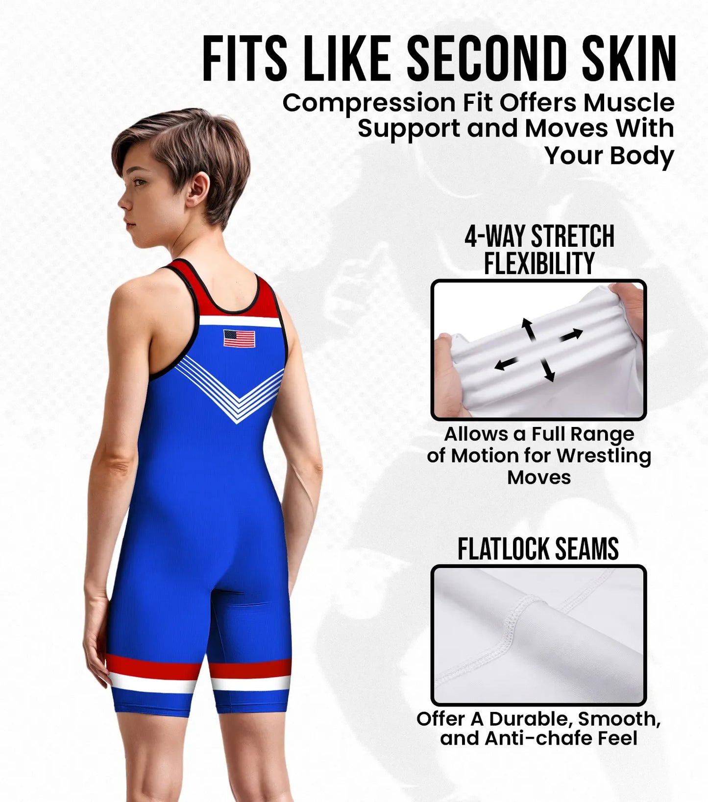 Boys Youth Sublimated Wrestling Singlets (Royal Blue USA)
