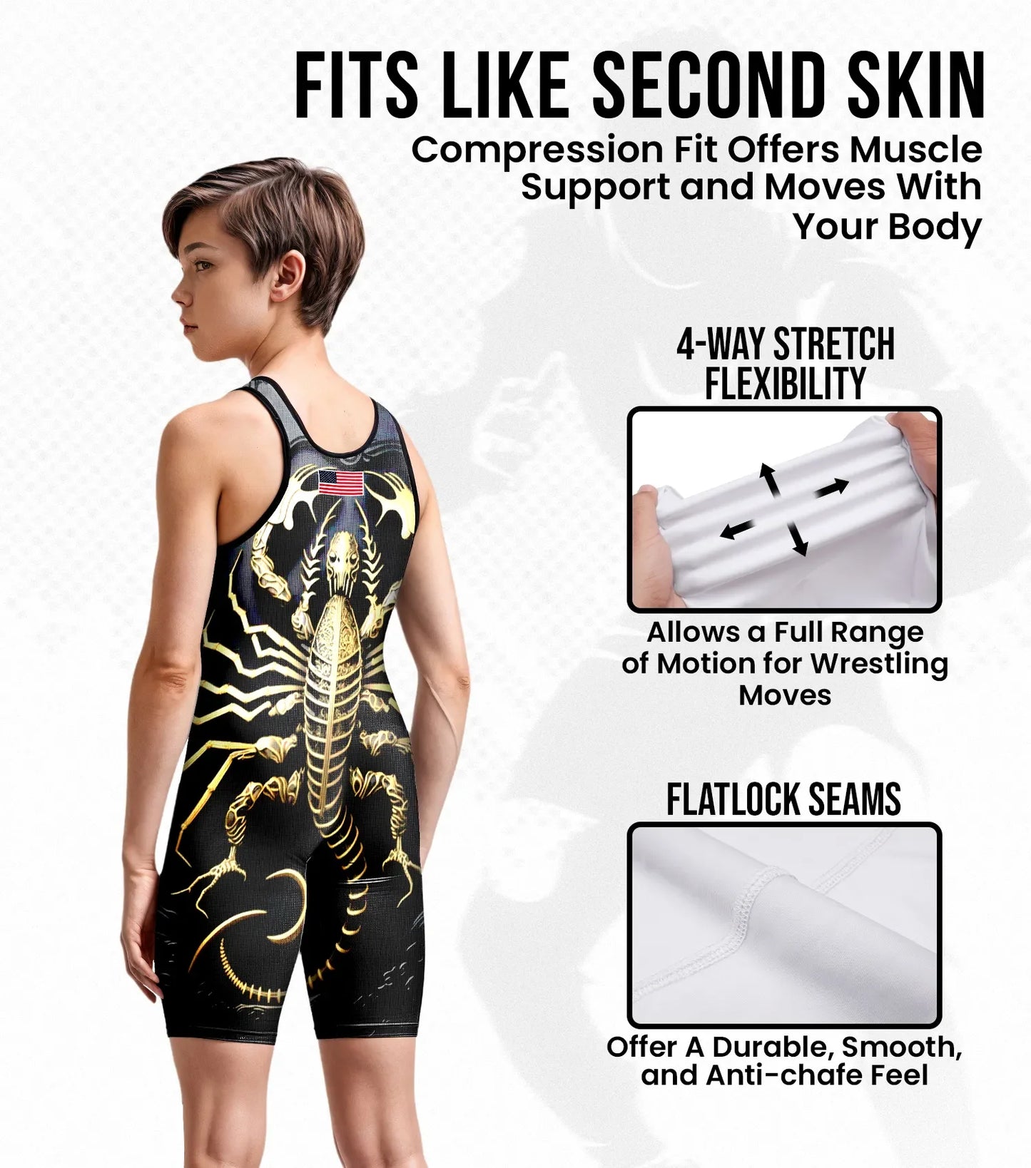 Boys Youth Sublimated Wrestling Singlets (Scorpion)