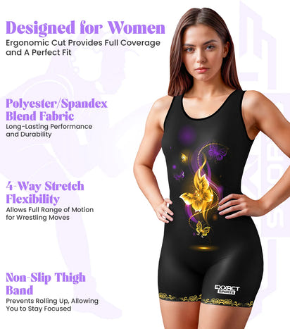 Sublimated Women's Wrestling Singlets, High-Cut Female Singlets (Gold Butterfly)