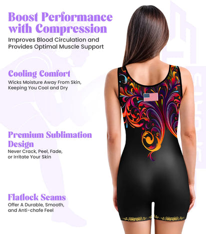Sublimated Women's Wrestling Singlets, High-Cut Female Singlets (Gold Butterfly)