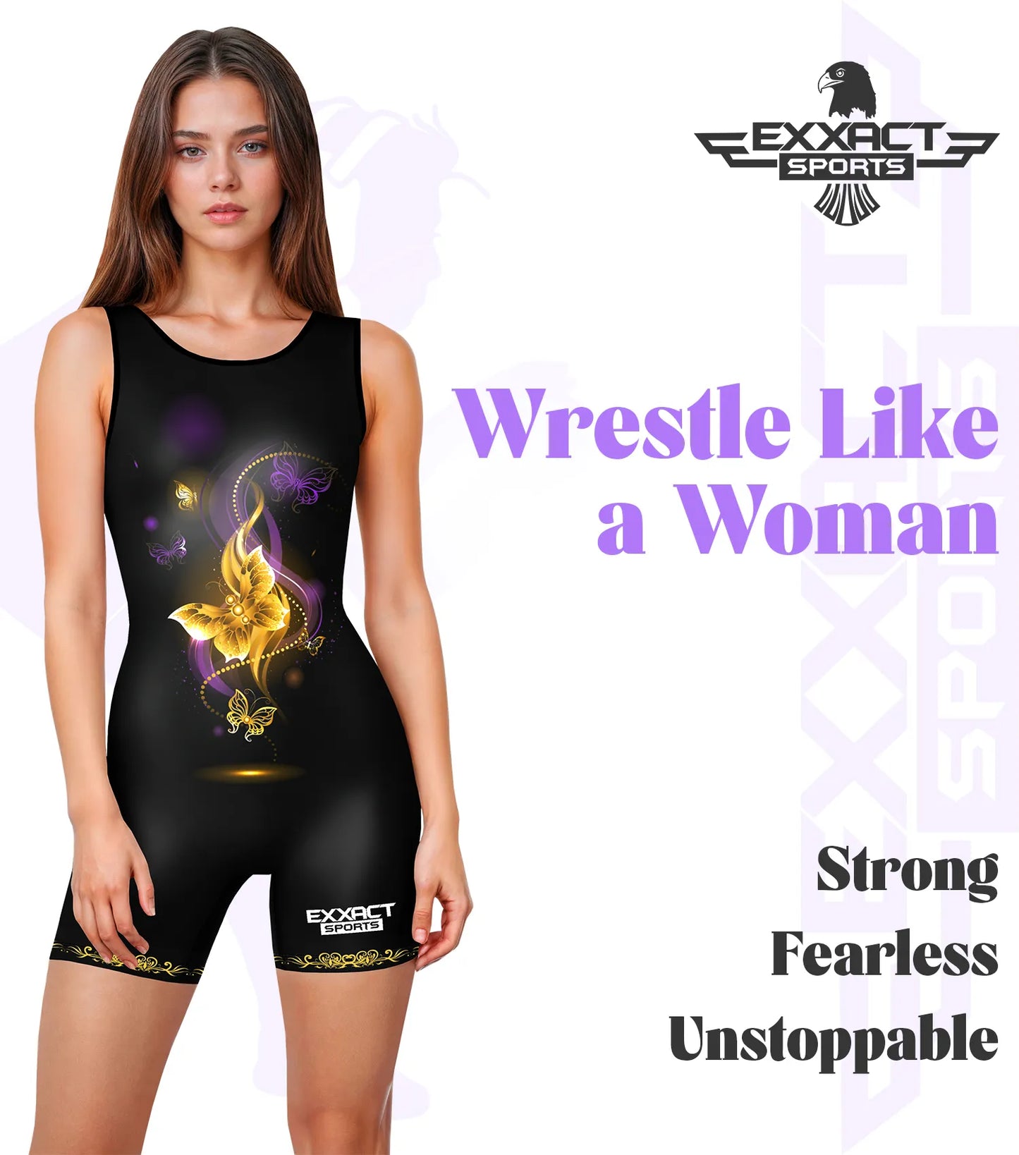 Sublimated Women's Wrestling Singlets, High-Cut Female Singlets (Gold Butterfly)