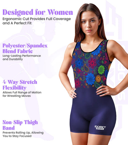Sublimated Women's Wrestling Singlets, High-Cut Female Singlets (Paisley Flower)