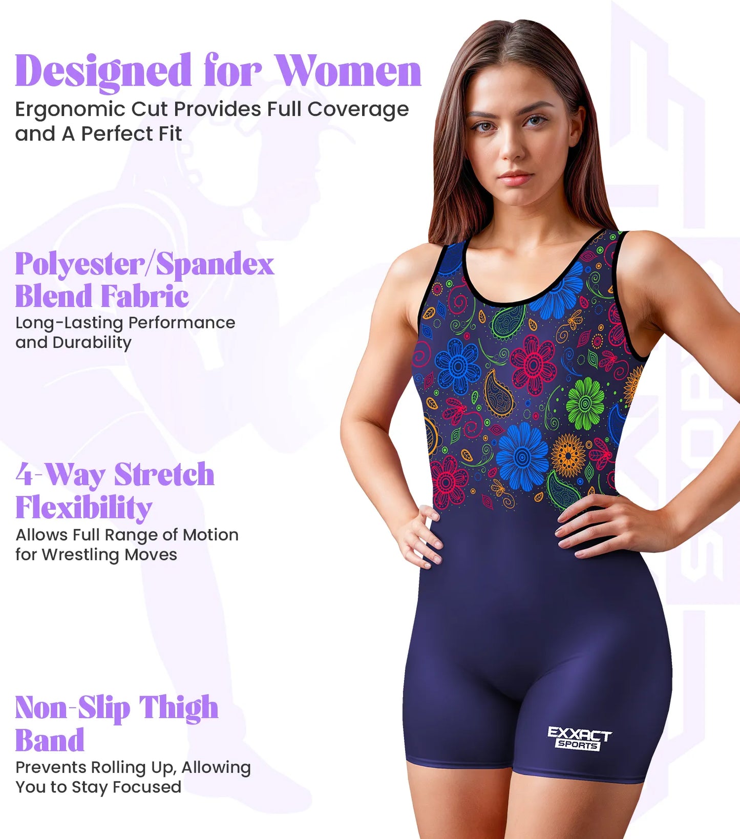 Sublimated Women's Wrestling Singlets, High-Cut Female Singlets (Paisley Flower)