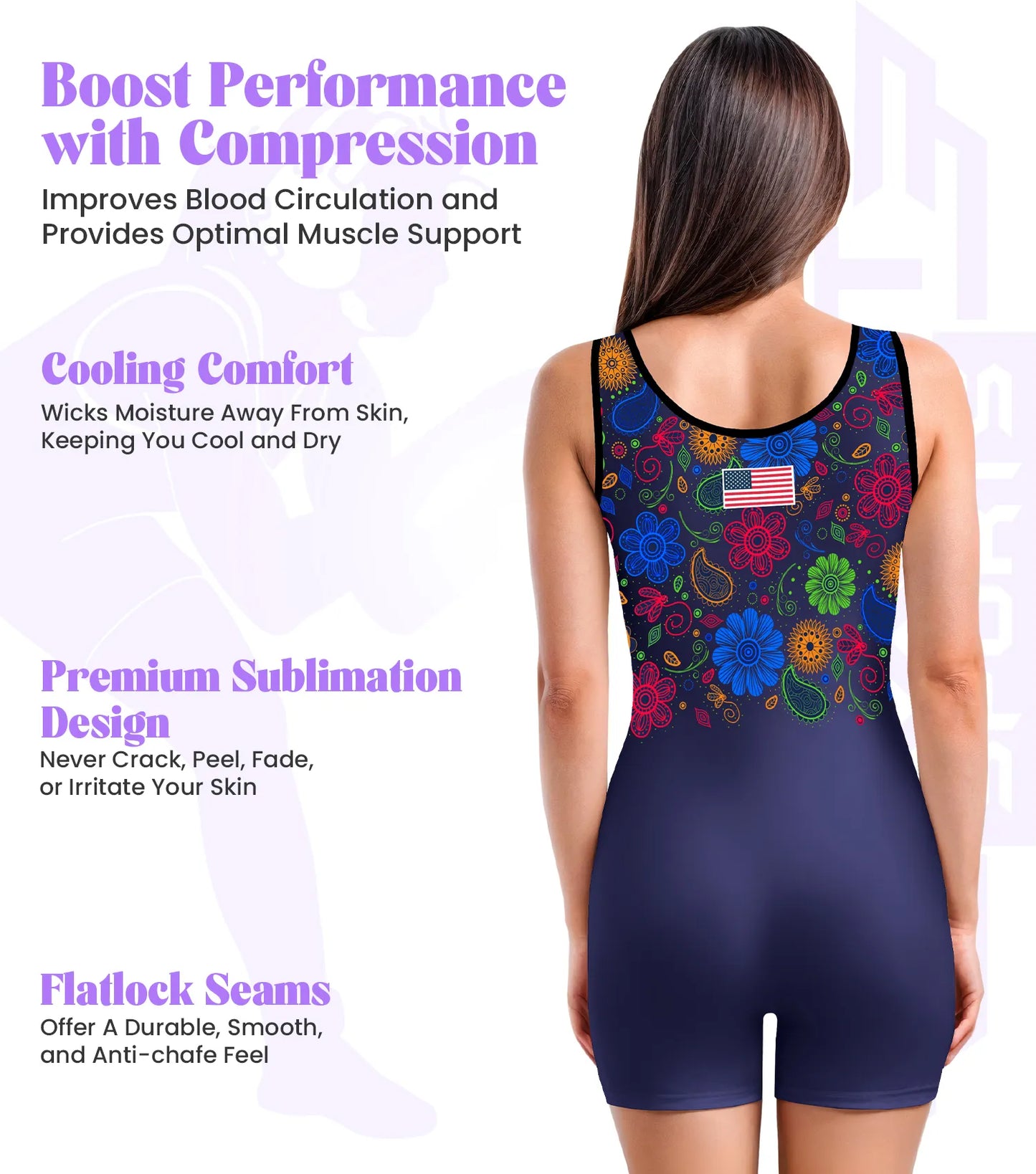 Sublimated Women's Wrestling Singlets, High-Cut Female Singlets (Paisley Flower)