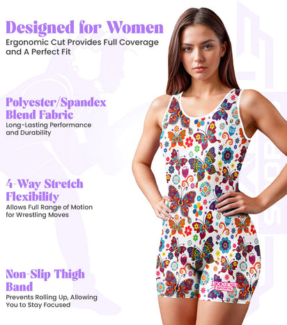 Sublimated Women's Wrestling Singlets, High-Cut Female Singlets (White Butterfly)