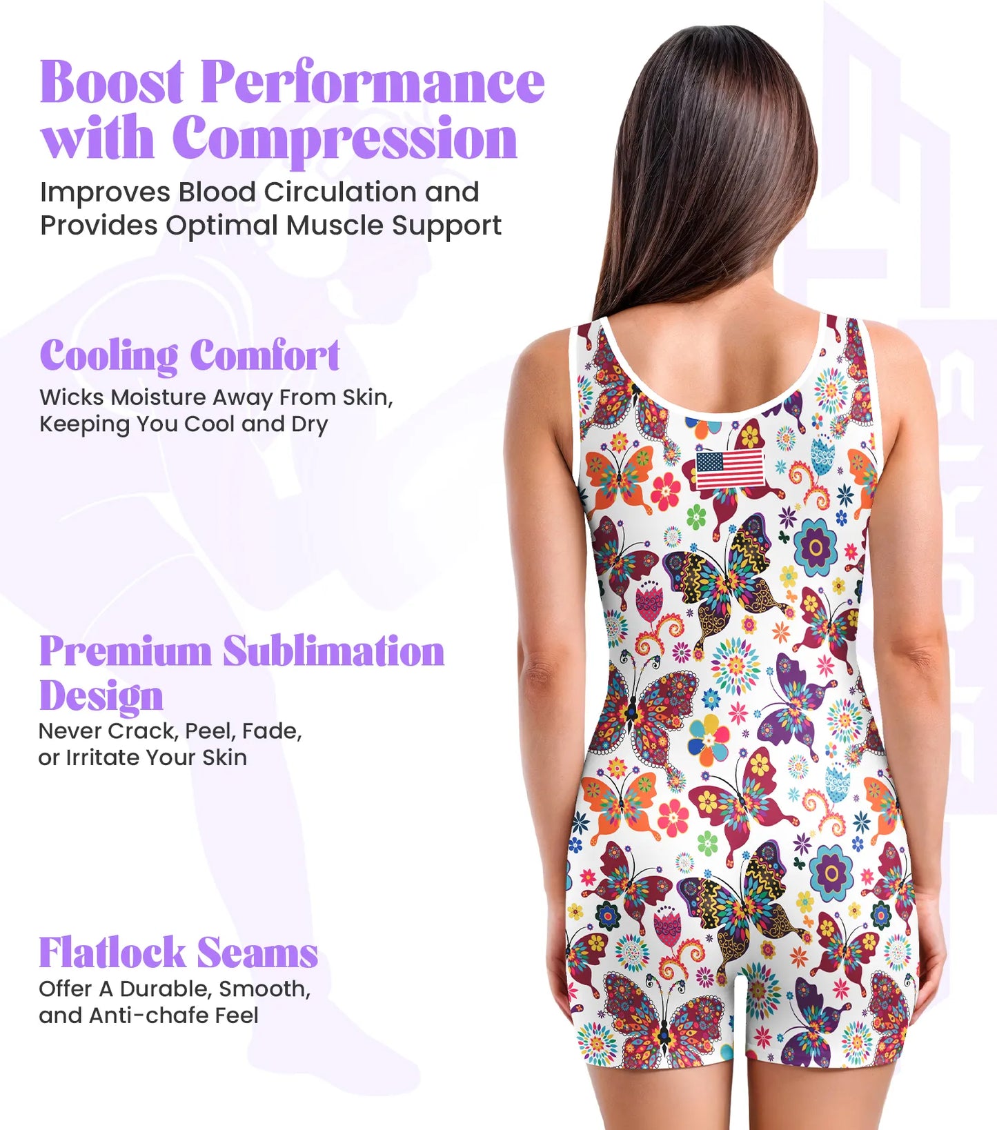 Sublimated Women's Wrestling Singlets, High-Cut Female Singlets (White Butterfly)