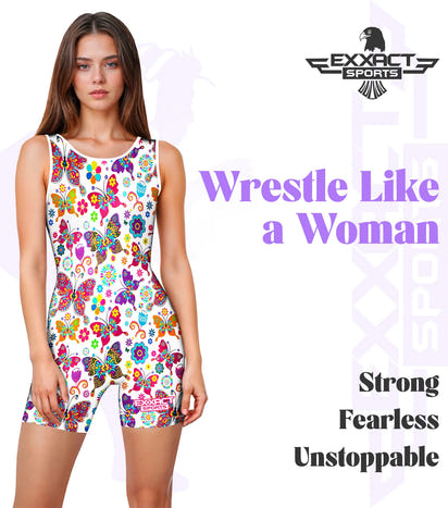 Sublimated Women's Wrestling Singlets, High-Cut Female Singlets (White Butterfly)