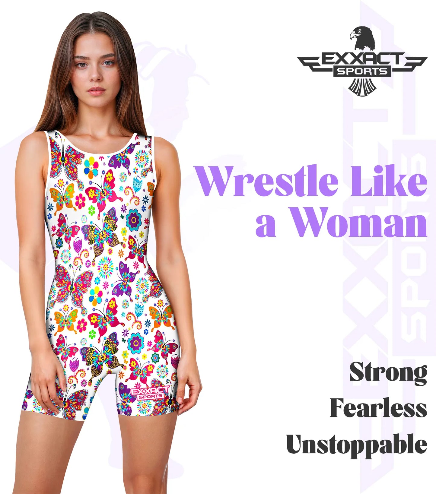 Sublimated Women's Wrestling Singlets, High-Cut Female Singlets (White Butterfly)