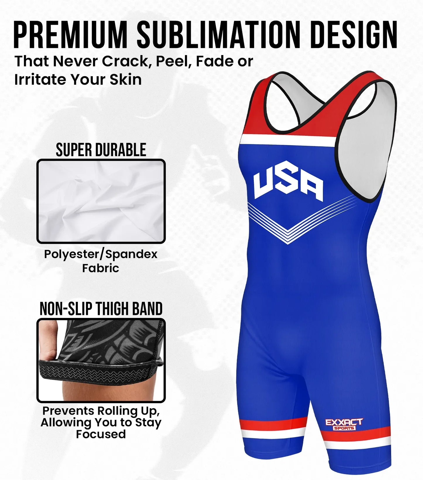 Men's Sublimated Wrestling Singlets (Royal Blue USA)