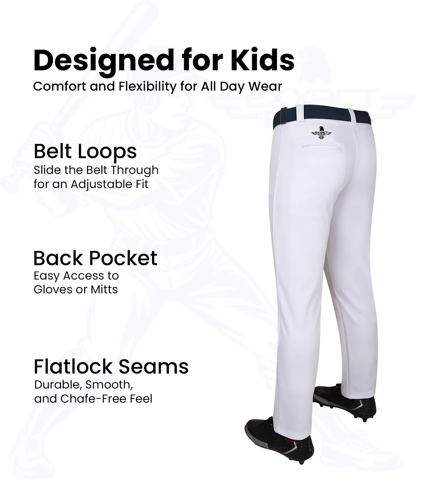 Pull-Up Boys Baseball Pants with Adjustable Drawstring, Full Length & Open Bottom (White)